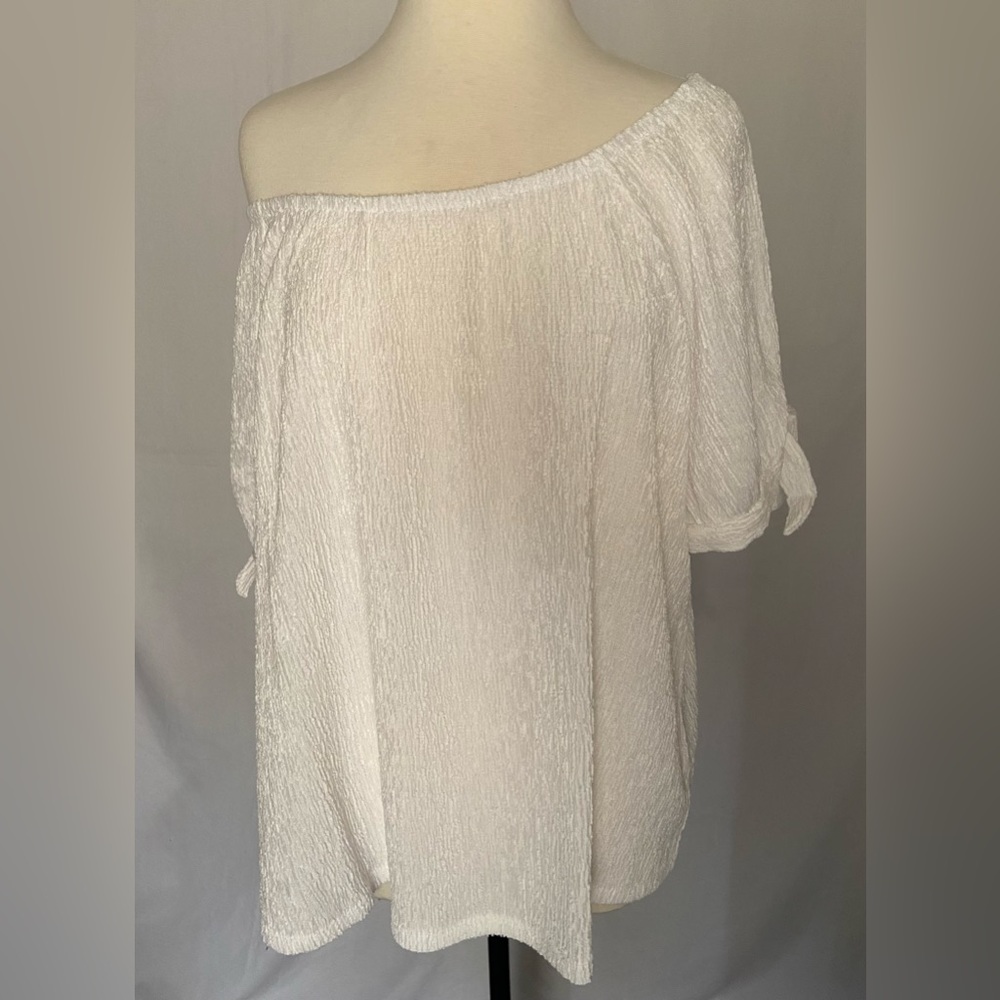 NWT Style & Co Women's Off The Shoulder Tie Sleeve Crinkle White Top Sz 3X 2X
